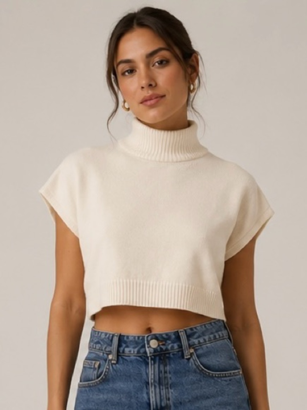 Aritzia Cream Cropped Turtleneck with Blue Denim Mini